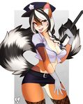  2015 abstract_background absurd_res amber_eyes anthro baton belt black_fur black_tail blush bra breasts brown_fur cleavage clothed clothing club_(weapon) digital_media_(artwork) female fur gloves hair hat hi_res legwear long_hair looking_at_viewer melee_weapon midriff miniskirt multicolored_tail navel nightstick open_mouth panties pink_nose police portrait ribbons ringtail shirt skimpy skirt smile solo spittfire_(artist) standing stockings teeth three-quarter_portrait tongue tongue_out underwear watermark weapon white_fur white_hair white_tail 