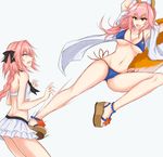  1girl animal_ears astolfo_(fate) bikini blue_bikini braid breasts cleavage commentary_request crotch_kick fang fate/apocrypha fate/grand_order fate_(series) flying_kick fox_ears fox_tail gameplay_mechanics hair_ribbon kicking large_breasts long_hair navel open_mouth otoko_no_ko pain pink_hair piro_(iiiiiiiiii) platform_footwear polygamist_castration_fist ribbon ryona single_braid swimsuit tail tamamo_(fate)_(all) tamamo_no_mae_(fate) tamamo_no_mae_(swimsuit_lancer)_(fate) yellow_eyes 