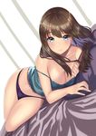 bangs bare_shoulders blue_eyes blush bow bow_panties breasts brown_hair cleavage collarbone dutch_angle highres kagematsuri lace_trim large_breasts long_hair looking_at_viewer lying navel on_bed on_side original panties pillow purple_panties solo stomach strap_slip underwear 