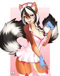 &lt;3 2015 absurd_res amber_eyes anthro belt black_fur black_hair blush bow bra breasts brown_fur cleavage clothed clothing digital_media_(artwork) dress female fully_clothed fur gloves hair hair_bow hair_ribbon hat hi_res legwear long_hair looking_at_viewer multicolored_hair nurse nurse_uniform open_mouth panties pink_nose ribbons ringtail short_dress skirt smile solo spittfire_(artist) standing stockings striped_panties syringe tongue tongue_out two_tone_hair underwear uniform white_fur white_hair 