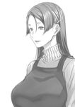  apron bangs breasts casual commentary_request fate/grand_order fate_(series) greyscale hair_ornament hairclip highres huge_breasts lips long_hair looking_to_the_side minamoto_no_raikou_(fate/grand_order) monochrome open_mouth parted_bangs puyo simple_background solo sweater turtleneck turtleneck_sweater white_background 