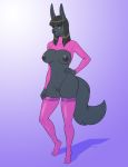  2019 anthro anubian_jackal big_breasts black_hair bottomless breasts canine claws clothed clothing conditional_dnp digital_media_(artwork) ear_piercing exposed_breasts female fluffy fluffy_tail green_eyes hair hand_on_hip jackal kadath legwear long_hair looking_at_viewer mammal navel navel_piercing nightshade_(kadath) nipples piercing pussy simple_background smile solo stockings thigh_highs voluptuous 