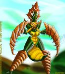  2017 abdomen anthro areola arthropod big_breasts breasts bug_eyes capcom chitin crossgender eyelashes female flying green_skin hi_res insect juice mandibles mantis monster_hunter neopteron nipples nude orange_skin outside ovipositor pussy ravenousdash seltas simple_background sky solo spikes spots standing stinger video_games yellow_skin 