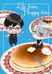  apron black_hair blue-framed_eyewear blue_eyes bow bowtie brown_eyes butter cherry chibi english food fork fruit glasses katsuki_yuuri male_focus miniboy mouri multiple_boys open_mouth pancake plate silver_hair smile stack_of_pancakes viktor_nikiforov waist_apron waiter whipped_cream yuri!!!_on_ice 