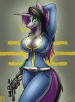  2015 anthro aura_spark black_hair breasts cleavage clothed clothing coveralls equine fallout female glowing glowing_eyes green_eyes gun hair handgun hi_res horn mammal metalfoxxx my_little_pony purple_hair ranged_weapon revolver solo unicorn video_games weapon 