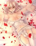  blonde_hair bow breasts bride choker collarbone fate/grand_order fate_(series) garter_belt hair_bow highres large_breasts looking_at_viewer mia_(gute-nacht-07) midriff navel nipple_slip nipples okita_souji_(fate) okita_souji_(fate)_(all) on_bed petals pussy_cutout solo thighhighs veil white_bow yellow_eyes 
