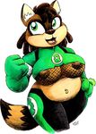  belly breasts clothed clothing dc_comics drake_fenwick female gloves green_eyes green_lantern hair mammal nipples piercing raccoon ring slightly_chubby solo suit superhero text under_boob voluptuous 