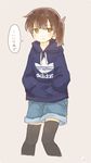  adidas alternate_costume artist_name black_legwear blush brown_eyes brown_hair closed_mouth commentary_request cowboy_shot eyebrows_visible_through_hair hands_in_pockets hood hooded_sweater hoodie ina_(1813576) kaga_(kantai_collection) kantai_collection long_hair long_sleeves shorts side_ponytail simple_background solo speech_bubble sweater thighhighs translated 