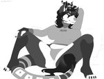  anthro breasts butt canine clothed clothing desira_(tobicakes) female greyscale horn mammal monochrome panties revadiehard solo spread_legs spreading underwear unknown_species 