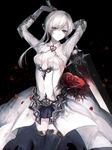  armor armored_dress black_background breasts cleavage closed_mouth elbow_gloves expressionless eyelashes flower gloves hair_ornament highres looking_at_viewer medium_breasts petals rose shirasagi silver_eyes silver_hair sinoalice snow_white_(sinoalice) solo sword thighhighs weapon 