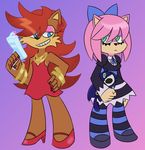  2017 amy_rose anthro blue_eyes brown_fur chipmunk cosplay fur green_eyes hair hedgehog itoruna mammal panty_and_stocking panty_and_stocking_with_garterbelt pink_fur red_hair rodent sally_acorn sonic_(series) 