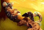  anthro brown_fur day detailed_background duo eyes_closed feline female fur grass leopard magenta7 male mammal outside smile tiger 