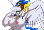  3_fingers anthro areola aviator_cap big_breasts blonde_hair blue_claws blue_eyes blue_feathers blue_scales blue_wings blush breasts brown_hat claws collarbone crossgender digital_media_(artwork) dragon erect_nipples eyelashes eyewear eyewear_on_head feathered_dragon feathered_wings feathers female goggles grey_feathers grey_scales grey_tail grey_wings hair half-closed_eyes hat head_wings kemono legendz long_hair looking_at_viewer mouth_closed multicolored_feathers multicolored_scales nipples nude pink_nipples raised_arm raised_tail reptile scales scalie sharp_claws shiny shiron side_view simple_background smile solo tarian two_tone_feathers two_tone_scales western_dragon white_background wings 