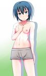  1girl artist_request black_hair blue_eyes boxers breasts collarbones gradient_background kino kino_no_tabi nipples short_hair small_breasts solo tomboy topless 