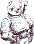  anthro bear belt blue_eyes clothing drake_fenwick female gloves hair mammal melee_weapon muscular purity_(character) simple_background solo supermegatopia sword weapon 