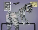  2016 after_masturbation anthro areola arm_support barre bent_over black_hair black_nipples blue_eyes blush breasts butt digital_media_(artwork) english_text equine female grey_body grey_hair grey_stripes grey_tail hair hi_res humanoid_hands kimana mammal multicolored_body multicolored_hair nipples nude panting paper pink_pussy poster presenting presenting_hindquarters presenting_pussy pussy pussy_juice pussy_juice_string raised_tail reja-ni shaded solo striped_body striped_tail stripes sweat text tongue tongue_out two_tone_body two_tone_hair zebra 