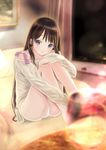  akiyama_sunao bed_sheet black_sky blue_eyes blurry brown_hair commentary depth_of_field highres indoors knees_to_chest long_hair long_sleeves looking_at_viewer night night_sky on_bed original panties photo_(object) sky solo underwear white_panties window 