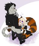  &lt;3 anthro butt cat clothing cum cum_on_face enjoipandas feline fur girly grey_fur kneeling maid_uniform male male/male mammal pants_around_knees purple_eyes red_eyes red_panda simple_background uniform white_fur 