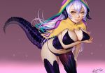  ariverkao breasts cleavage horns large_breasts long_hair looking_at_viewer navel original purple_hair red_eyes signature smile solo tail 