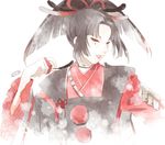  armor black_hair feathers grey_eyes hair_feathers japanese_armor japanese_clothes kogarasumaru_(touken_ranbu) lips male_focus mizuhara_aki pom_pom_(clothes) shoulder_armor smile sode touken_ranbu 