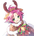  1girl antlers bell bow cape fa facial_mark fire_emblem fire_emblem:_fuuin_no_tsurugi fire_emblem_heroes forehead_mark fur_trim green_eyes mamkute miwabe_sakura nintendo open_mouth pointy_ears purple_hair reindeer_antlers short_hair simple_background solo upper_body white_background 