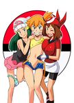  big_breasts blush breasts dawn flat_chest girl_sandwich haruka_(pokemon) hikari_(pokemon) karakishi_youhei-dan kasumi_(pokemon) large_breasts may misty multiple_girls open_clothes open_shorts panties panties_around_leg panties_around_one_leg pokemon pussy sandwiched short_shorts shorts smile sunahara_wataru unaligned_breasts uncensored underwear unzipped 