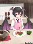  1girl apron black_hair copyright_name counter food garnish head_wings indoors meat midori_(m_ryokutya) necktie pandora_party_project pepper pink_apron plate pot red_eyes red_neckwear shirt short_hair smile solo standing upper_body white_shirt wings 