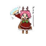  1girl antlers arm_up bell boots cape dress fa facial_mark fire_emblem fire_emblem:_fuuin_no_tsurugi fire_emblem_heroes forehead_mark fur_trim green_eyes long_sleeves mamkute nintendo open_mouth pointy_ears purple_hair reindeer_antlers short_hair simple_background solo standing turuga white_background 