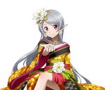  collarbone earrings flower hair_flower hair_ornament japanese_clothes jewelry kimono long_hair looking_at_viewer necklace official_art pointy_ears red_eyes seven_(sao) silver_hair sitting smile solo sword_art_online sword_art_online:_code_register transparent_background very_long_hair white_flower 