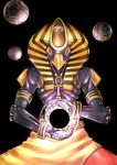  absurdres alternate_costume ankh black_background bluecup egyptian_clothes highres humanoid_robot male_focus mask mechanical_arm orb overwatch simple_background solo sunyatta upper_body zenyatta_(overwatch) 