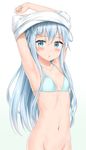  absurdres armpits arms_up bikini blue_bikini blue_eyes blue_hair blush bottomless breasts gradient gradient_background hibiki_(kantai_collection) highres kantai_collection long_hair looking_at_viewer navel nedia_(nedia_region) out-of-frame_censoring parted_lips shirt_lift sidelocks simple_background small_breasts solo swimsuit undressing 