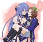  bare_shoulders blue_hair blush bow breasts brown_hair carrying closed_eyes flauschtraut hair_ornament if_(choujigen_game_neptune) iris_heart kami_jigen_game_neptune_v kneehighs large_breasts long_hair multiple_girls neptune_(series) open_mouth princess_carry purple_hair red_eyes short_hair shorts smile symbol-shaped_pupils translation_request very_long_hair yuri 