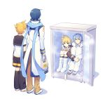  4boys asymmetrical_sleeves bag bangs blank_stare blonde_hair blue_eyes blue_hair blue_scarf boots coat commentary dual_persona from_behind full_body fur-trimmed_coat fur_trim hands_on_own_knees high_collar holding holding_bag in_container in_refrigerator kagamine_len kaito leg_hug long_scarf multiple_boys pants ponytail refrigerator sailor_collar scarf short_hair shorts sinaooo sitting standing vocaloid white_background winter_clothes winter_coat 