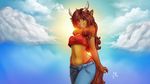  anthro blue_eyes bovine breasts brown_hair clothed clothing ear_piercing facial_piercing female freckles hair horn jeans lip_piercing long_hair looking_at_viewer mammal midriff navel outside pants piercing skimpy smile solo thong vyotl yak 