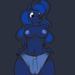  2013 anthro anthrofied blue_eyes blue_feathers breasts camel_toe clothing digital_media_(artwork) equine feathered_wings feathers female friendship_is_magic hi_res horn kloudmutt mammal my_little_pony navel nipples princess_luna_(mlp) shorts simple_background solo standing winged_unicorn wings 