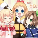  blonde_hair blue_eyes blush bow brown_hair compa company_name fang green_eyes hair_bow hair_ornament hairband if_(choujigen_game_neptune) long_hair looking_at_viewer multiple_girls neptune_(series) official_art open_mouth pish ribbon short_hair smile sweater 