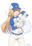  ;d alolan_form alolan_vulpix artist_name ball bangs baseball baseball_cap baseball_uniform belt belt_buckle blonde_hair blue_belt blunt_bangs blush braid buckle commentary commentary_request cowboy_shot dated ears_through_headwear eyebrows_visible_through_hair flat_chest french_braid green_eyes hat heart highres holding holding_ball legs_apart lillie_(pokemon) long_hair long_sleeves looking_at_another neps-l one_eye_closed open_mouth pants poke_ball_print pokemon pokemon_(anime) pokemon_(creature) pokemon_sm_(anime) shirt simple_background smile sportswear standing tareme very_long_hair white_background white_pants 