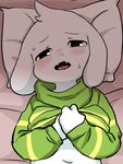  anthro asriel_dreemurr bed blush caprine child clothed clothing clothing_lift cub cute fur goat looking_at_viewer male mammal monster semi shirt shirt_lift undertale video_games white_fur young 