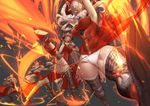  absurdres aliza_(granblue_fantasy) breasts draph fighting_stance fire full_body granblue_fantasy hair_pulled_back headpiece highres horns jojaow kicking large_breasts long_hair multiple_views pointy_ears ponytail red_eyes short_shorts shorts silver_hair thighhighs very_long_hair white_shorts 