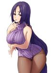  absurdres bare_shoulders breasts curvy fate/grand_order fate_(series) forehead gusset highres hips large_breasts long_hair looking_at_viewer minamoto_no_raikou_(fate/grand_order) nail_polish pantyhose parted_lips purple_hair ribbed_sweater sideboob simple_background smile solo sweater very_long_hair white_background yin-ting_tian 