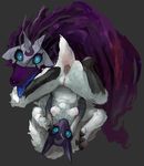  2016 anthro anus blue_eyes breasts butt canine caprine digitigrade duo female fur grey_background hair hi_res hooves kindred_(lol) lamb_(lol) league_of_legends liteu long_ears long_hair looking_at_viewer mammal mask nipples nude open_mouth pussy riot_games sheep simple_background spirit tongue tongue_out upside_down video_games white_fur white_hair wolf wolf_(lol) 
