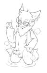  4_fingers anthro aw008166 blush canine cellphone cute_fangs erection eyewear glasses hand_on_hip hi_res horn humanoid_penis male mammal navel neck_tuft nipples penis phone precum simple_background solo standing sweat tuft water white_background wolf 
