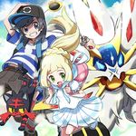  1boy 1girl backpack baseball_cap black_eyes black_hair blonde_hair blush couple green_eyes hat kingin lillie_(pokemon) litten male_protagonist_(pokemon_sm) pants pokemon pokemon_(creature) pokemon_(game) pokemon_sm ponytail skirt sky smile solgaleo striped_shirt tagme you_(pokemon_sm) 