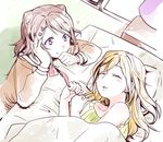  bang_dream! bed bed_sheet blonde_hair brown_hair closed_eyes hair_ornament hanasakigawa_school_uniform heart highres ichigaya_arisa kitamura_touru messy_hair multiple_girls open_mouth purple_eyes school_uniform sleeping smile star toyama_kasumi watching 