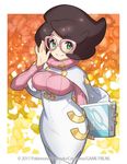  blush book brown_hair glasses green_eyes looking_at_viewer official_art pokemon pokemon_(game) pokemon_sm saitou_naoki sweater wicke_(pokemon) wide_hips 