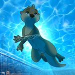  animal_genitalia balls blue_eyes brown_fur bubble fur letodoesart male mammal mustelid navel nude otter sheath solo underwater water webbed_hands 