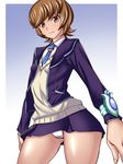  1girl brown_hair cowboy_shot female hajime_shindo long_sleeves looking_at_viewer panties pantyshot school_uniform shiny_skin short_hair skirt solo yu-gi-oh! yuu-gi-ou_vrains zaizen_aoi 