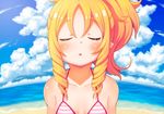  bangs bare_shoulders beach bikini_top blonde_hair blue_sky blush breasts closed_eyes cloud cloudy_sky collarbone commentary_request day drill_hair eromanga_sensei eyebrows_visible_through_hair hair_between_eyes horizon incoming_kiss kbisuco long_hair ocean outdoors parted_bangs parted_lips pink_bikini_top pointy_ears ponytail shiny shiny_hair shiny_skin sky small_breasts solo striped_bikini_top swimsuit twin_drills upper_body yamada_elf 