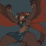  2017 anthro anthrofied armor avian breastplate brown_fur canine claws clothed clothing d-sui digital_media_(artwork) fangs feathered_tail feathers fur gauntlets gloves glowing glowing_eyes green_eyes hi_res loincloth looking_at_viewer male mammal muscular muscular_male pauldron paws simple_background smile solo video_games warcraft wings wolfhawk 