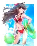  &gt;:) ahoge armpits ball bangle beach beachball bikini black_hair blue_sky blurry bokeh bracelet breasts cleavage cloud commentary_request contrapposto day depth_of_field eyebrows_visible_through_hair front-tie_bikini front-tie_top green_innertube hair_ornament hand_on_hip hand_on_own_thigh iesupa innertube jewelry long_hair mature navel necklace outdoors raven_branwen red_bikini red_eyes rwby scar sky small_breasts smile solo standing swimsuit transparent v-shaped_eyebrows wading water 